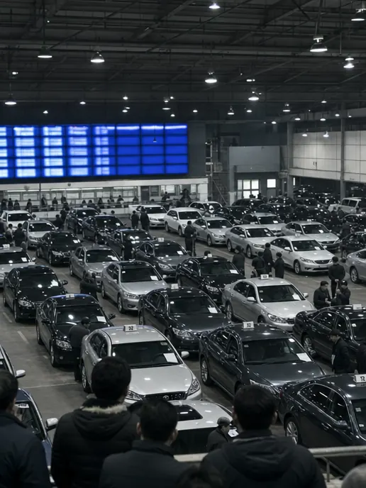 Sala de subasta de coches en Corea con filas de vehículos expuestos